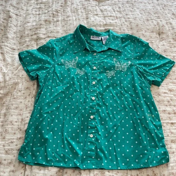 Blair Teal and white polka dot button-up - Picture 1 of 7